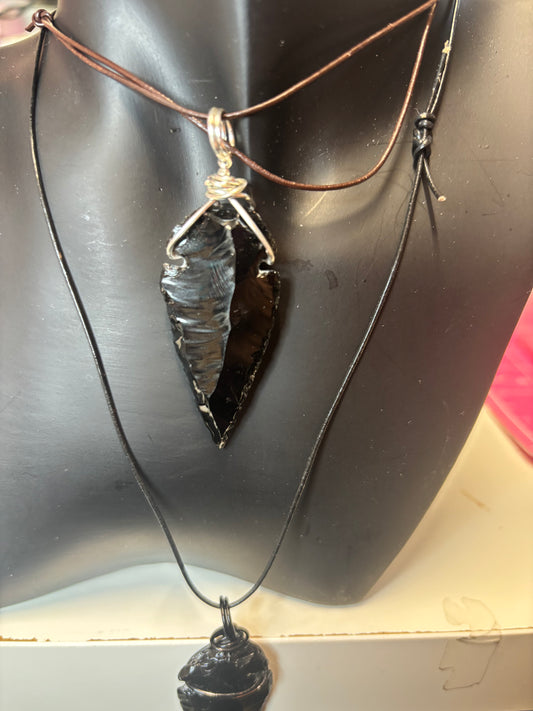 Obsidian Arrowhead (Wire-wrapped & leather cord.